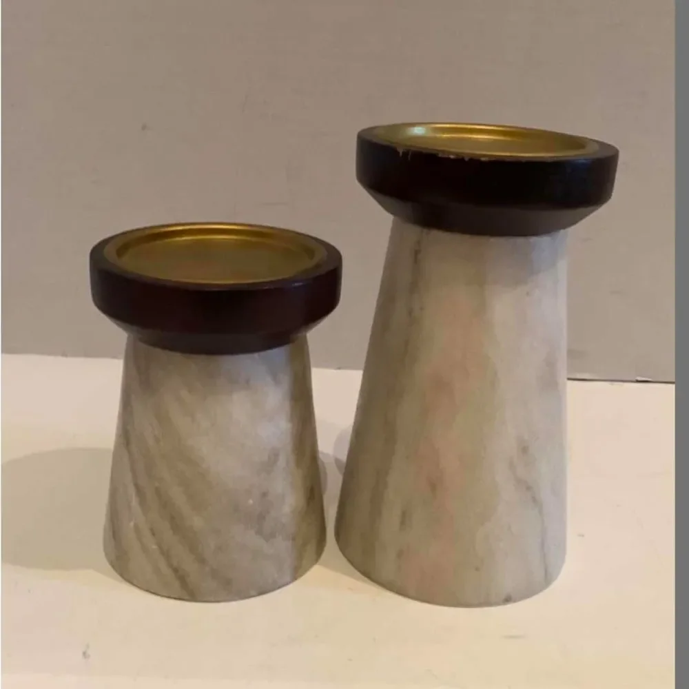 Set of Elegant Marble Candle Holders with Gold Accents